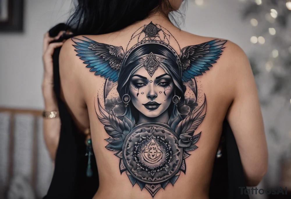 black kali, goddess pirate, alien, angel, pachamama, valkrye, warrior, flying, skull, lotus azul, wing, eagle, zenza resonance, stars, 5D, anahata chakra, death, durga, riding on a tiger, flying lady, kundalini, chest tatoo, rebel tattoo idea