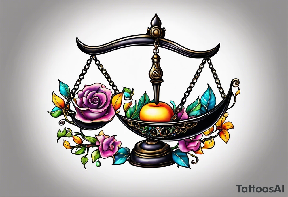 Vibrant Libra scales hanging from a half moon tattoo idea