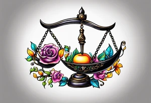 Vibrant Libra scales hanging from a half moon tattoo idea