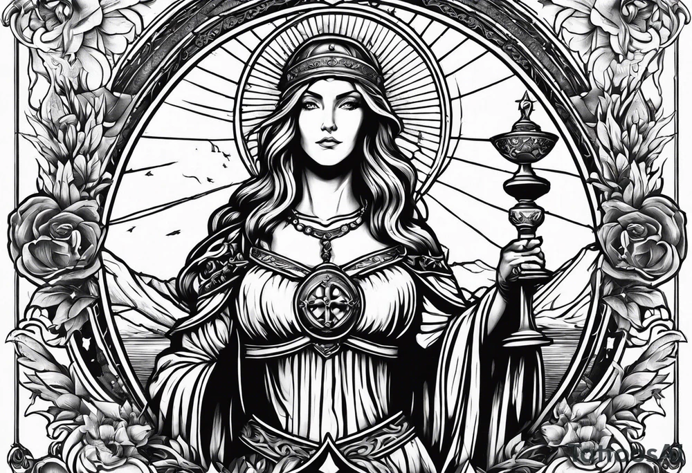 Saint Barbara holding a chalice with cannons and lightning tattoo idea