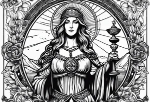 Saint Barbara holding a chalice with cannons and lightning tattoo idea