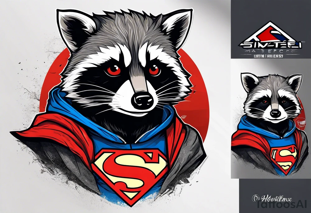 raccoon wearing a Superman hoodie tattoo idea
