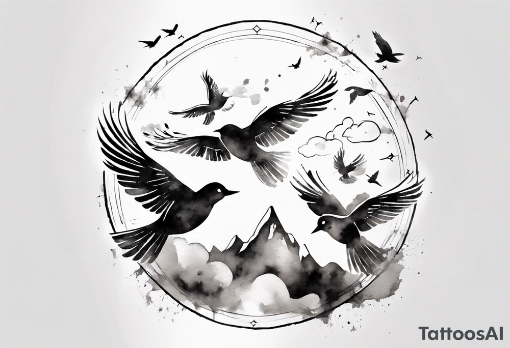 shoulder tattoo with light rays with birds flying free among the clouds, round shape, 3d effect tattoo idea shoulder tattoo with light rays with birds flying free among the clouds, round shape, 3d effect tattoo idea