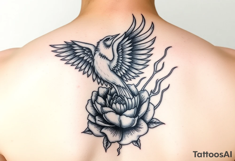 Pheonix emerging from a peony in flames tattoo idea