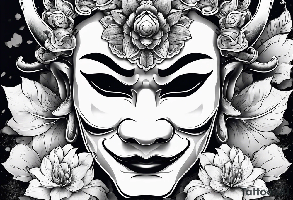 oni mask with flower petals around it tattoo idea