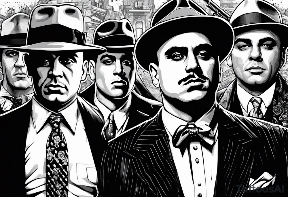 group of gangsters standing together including Al Capone, John Dillinger, Machine Gun Kelley, Bonnie and Clyde along with tommy guns tattoo idea