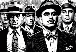 group of gangsters standing together including Al Capone, John Dillinger, Machine Gun Kelley, Bonnie and Clyde along with tommy guns tattoo idea