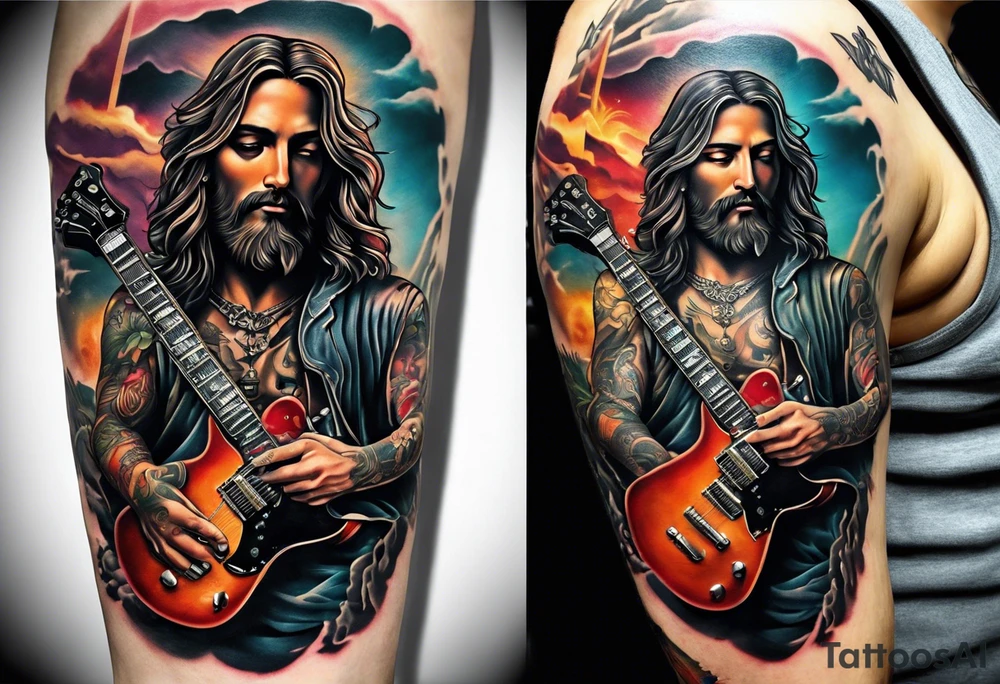 create a Jesus holding an electric guitar in one hand and a machine gun in the other whilst positioned on a cross tattoo idea