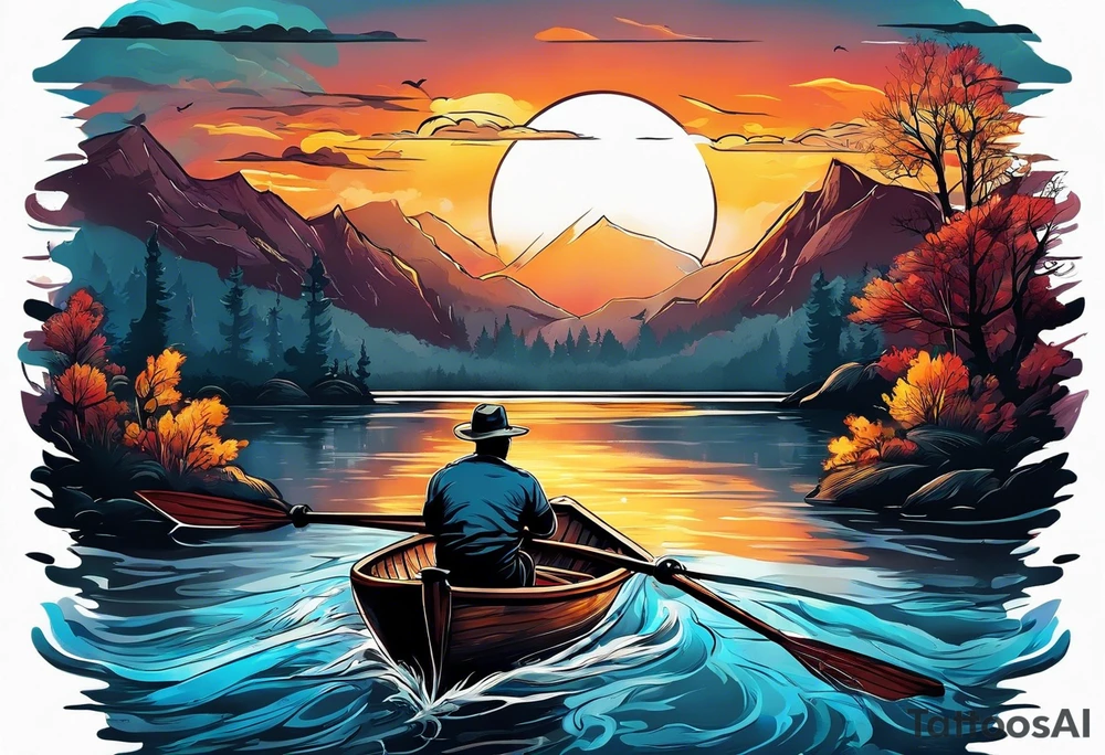 A man rowing in a boat through the water into the sunset tattoo idea