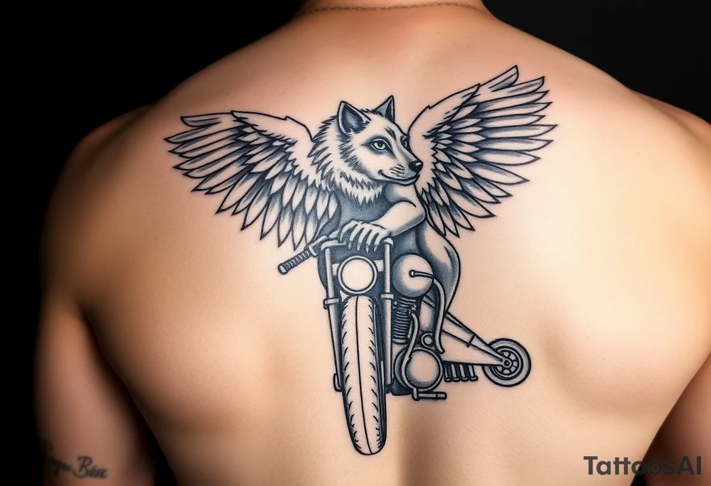 guardian angel wolf on a motorcycle tattoo idea