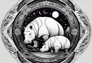 Very asymmetrical, +geometric pattern, with realistic full moon, with seeious looking hippo, +zen feel, + Buddhism touch,
with wintersweet flower bud, +portrait orientation, +inkart touch, tattoo idea