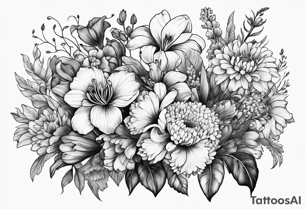 Flower bouquet filled with violets, irises and chrysanthemums tattoo idea