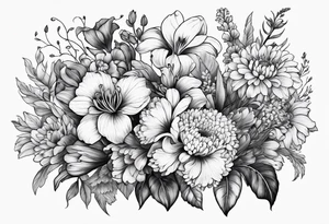 Flower bouquet filled with violets, irises and chrysanthemums tattoo idea