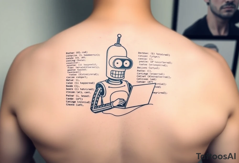 Tattoo design of a humorous robot inspired by Bender from Futurama, holding a laptop or typing on a keyboard, surrounded by lines of code in a programming language like Python or C#. Include funny text tattoo idea