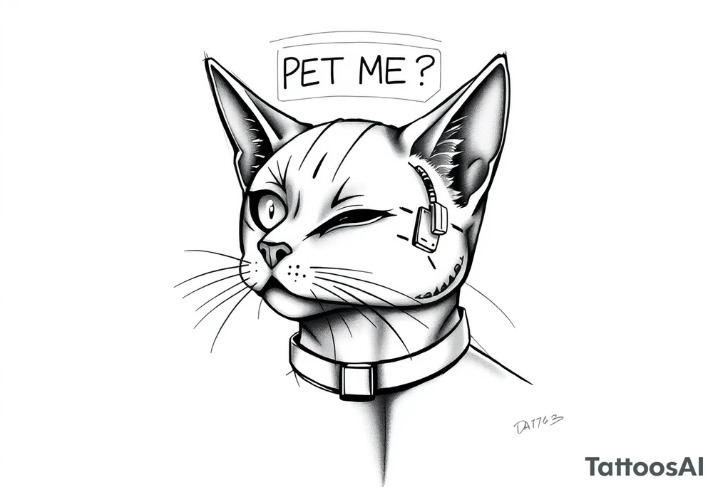 Cybernetic Cat with a Holographic CollarA sleek, cyberpunk cat with one glowing eye and mechanical enhancements.A floating AR display above its head showing "PET ME?"Whiskers made of thin fiber-optic cables. tattoo idea