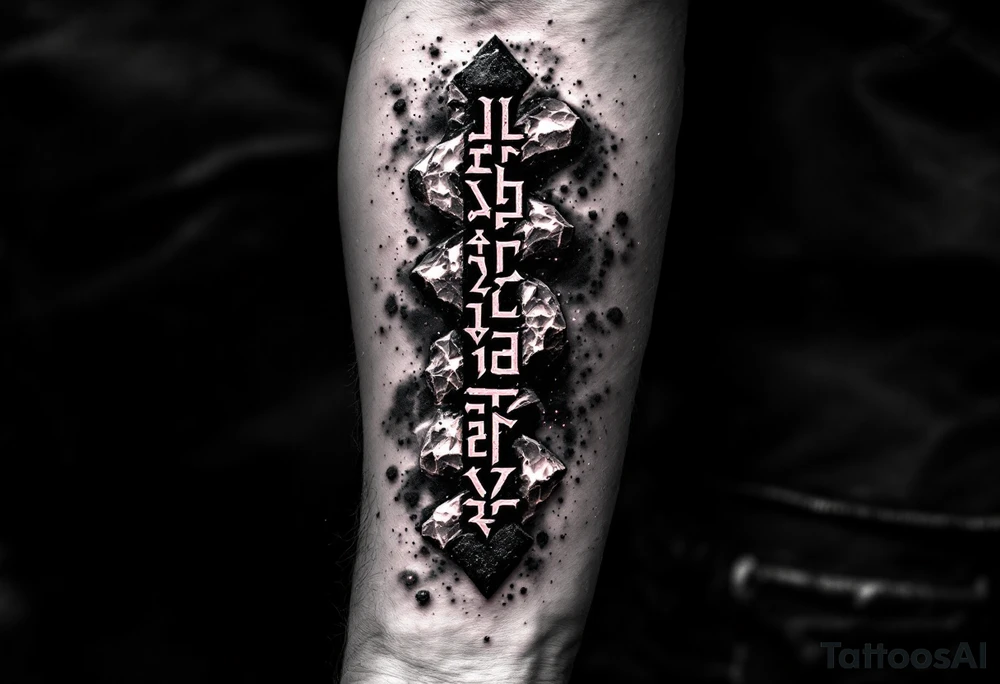 A forearm tattoo featuring a vertical line of deep crimson Slavic runes, each carved with rough stone-like texture and glowing faintly, set against a black and smoky-gray background with subtle ash particles floating around. tattoo idea