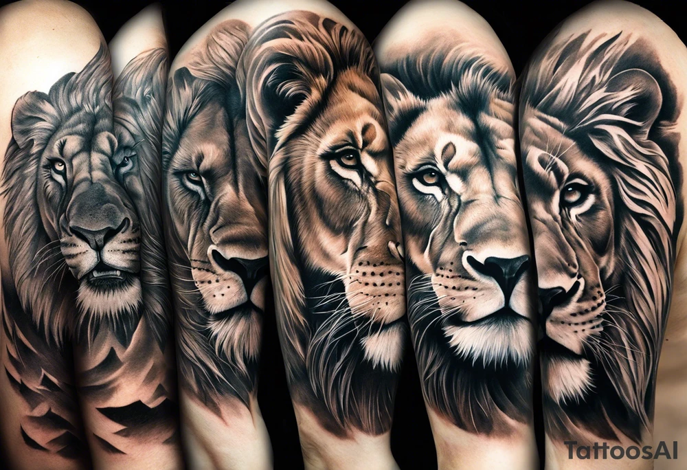 Full sleeve tattoo depicting a large lion protecting his lioness and 6 lion cubs. Background should depict a safari scene tattoo idea