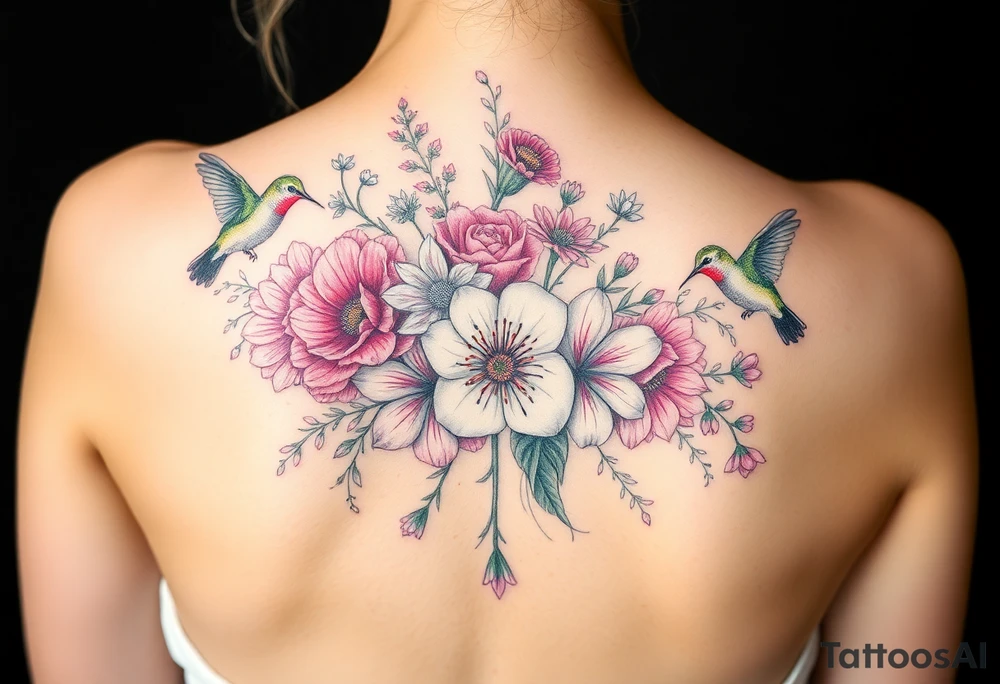 Bouquet of flowers With A carnation, Aster, rose, Lily, two Larkspur,  narciussus, And two hummingbirds tattoo idea