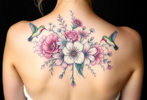 Bouquet of flowers With A carnation, Aster, rose, Lily, two Larkspur,  narciussus, And two hummingbirds tattoo idea