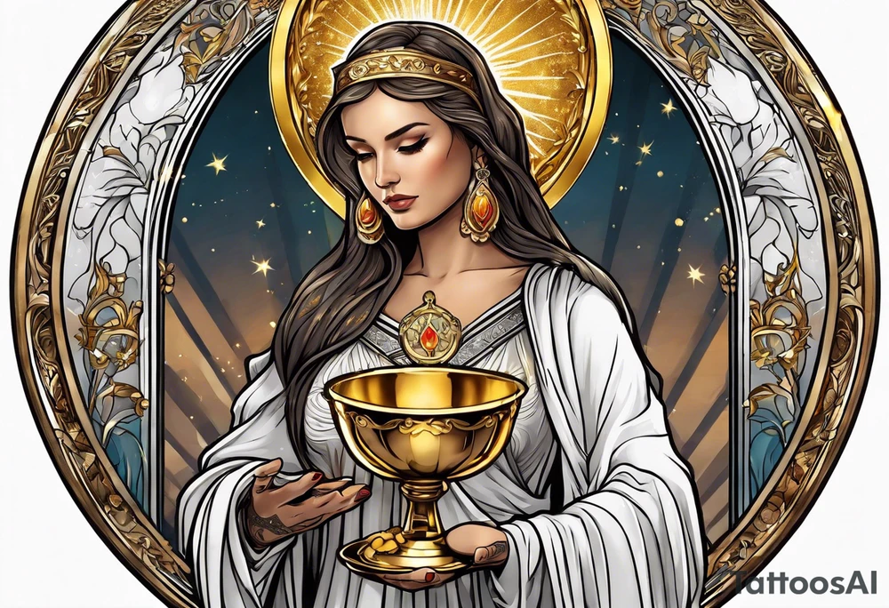 woman saint holding chalice surrounded by golden halo tattoo idea
