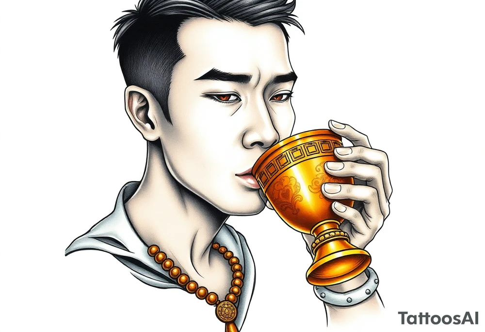 Handsome Asian young guy is drinking from medieval golden cup tattoo idea