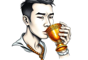 Handsome Asian young guy is drinking from medieval golden cup tattoo idea