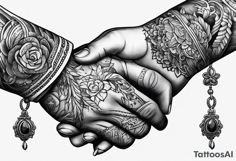 a human hand and a bone hand handshaking tattoo idea