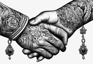 a human hand and a bone hand handshaking tattoo idea