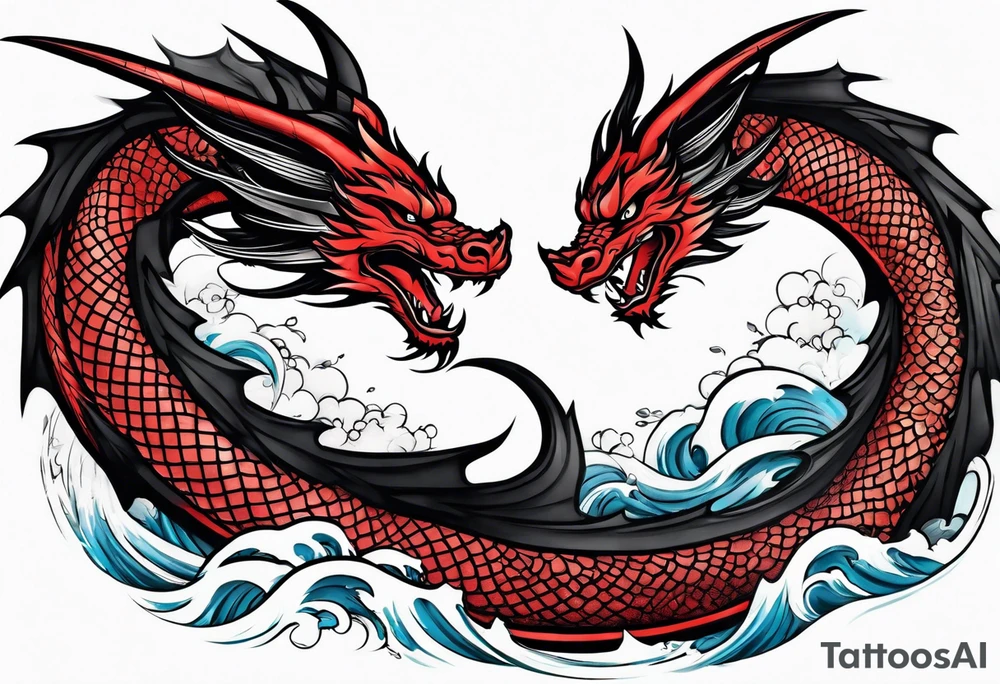 dragon irezumi arm sleeve in black and red with water and lightning tattoo idea