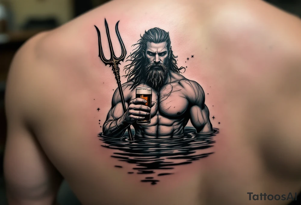 fit poseidon, behind a trident, in calm water, holding a beer tattoo idea
