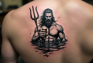 fit poseidon, behind a trident, in calm water, holding a beer tattoo idea