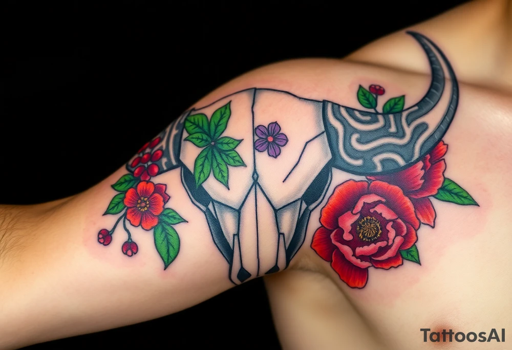 Buffalo or bison skull with flowers.green holly with red berries, purple larkspur,  red peony. Colour. For upper arm or shoulder. Masculin. tattoo idea