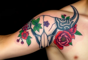 Buffalo or bison skull with flowers.green holly with red berries, purple larkspur,  red peony. Colour. For upper arm or shoulder. Masculin. tattoo idea