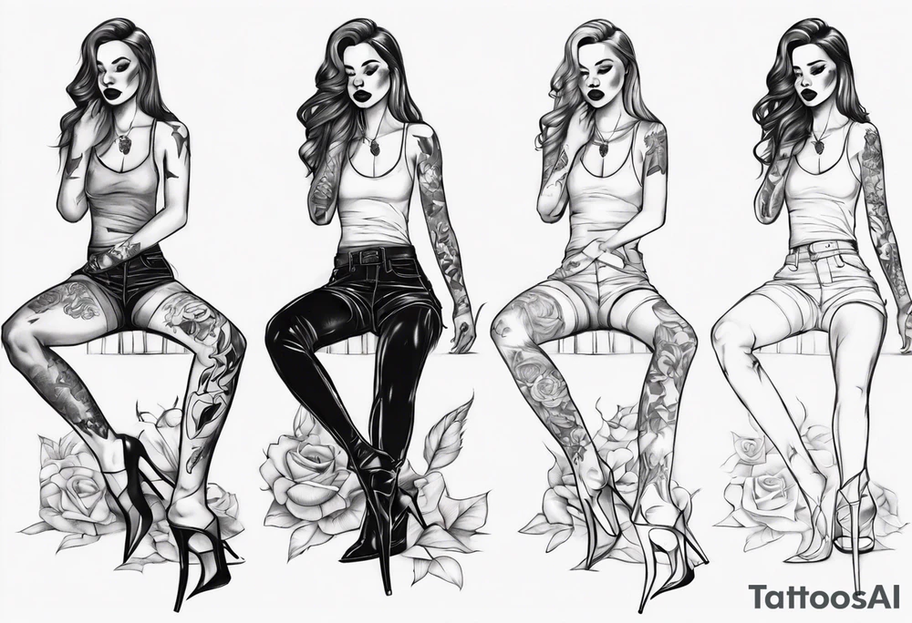 A girl in heels sits on the floor with two legs wide open tattoo idea