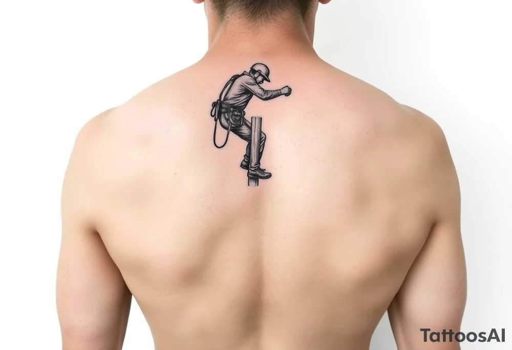realistic tattoo of a power lineman climbing a wooden pole that fits on the inside of the forearm tattoo idea