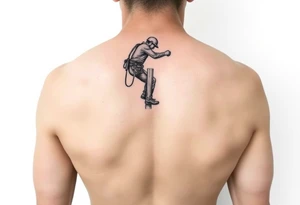 realistic tattoo of a power lineman climbing a wooden pole that fits on the inside of the forearm tattoo idea