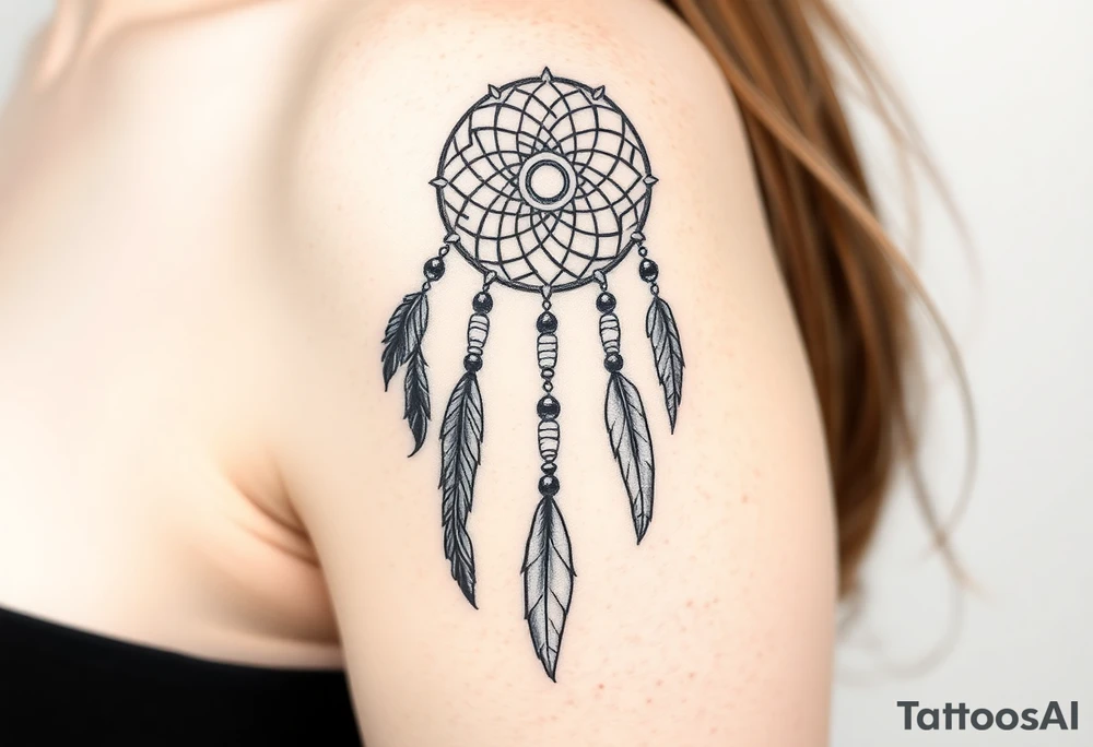 native dreamcatcher with flowing feathers and sacred beads tattoo idea