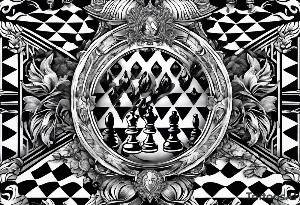 narrow rectangle strip made of chess queens and pawns holding hands tattoo idea