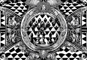 narrow rectangle strip made of chess queens and pawns holding hands tattoo idea