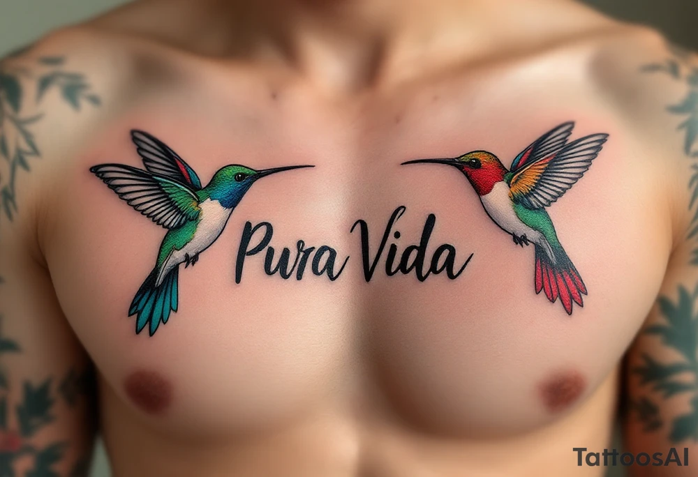“Pura Vida” in handwritten font with two hummingbirds in emerald green and ruby red flanking the phrase. tattoo idea