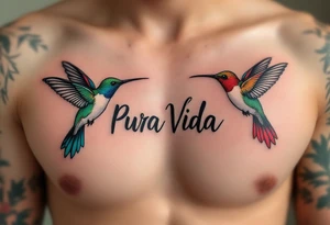 “Pura Vida” in handwritten font with two hummingbirds in emerald green and ruby red flanking the phrase. tattoo idea