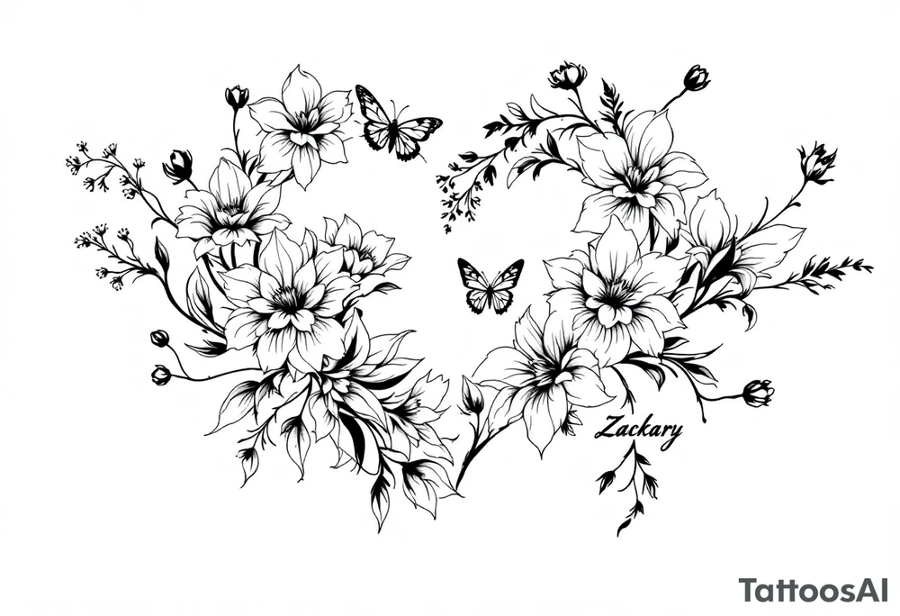 Flowers, heart and buttherfly with name Zackary and Charlie tattoo idea