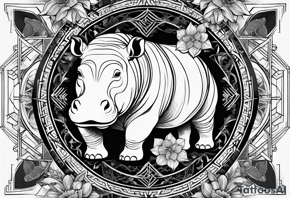 Very asymmetrical, +geometric pattern, with realistic full moon, with handsome hippo, +zen feel, + Buddhism touch, +tribal, +geometric, +inkart 
with wintersweet flower bud, +portrait orientation, +inkart touch, tattoo idea