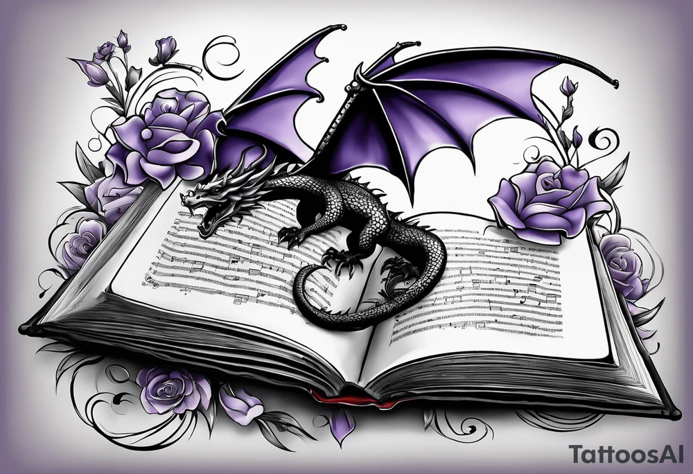 an open book with a small dragon flying over, a pawn piece to the right, a single music note and a lavender flower under the book tattoo idea
