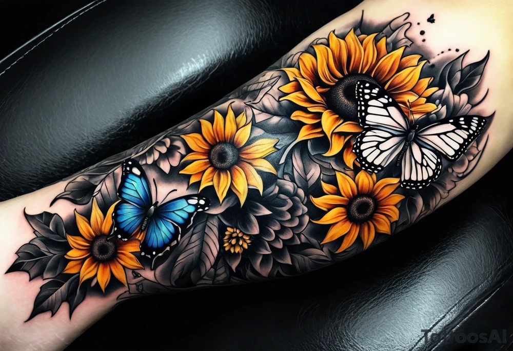 Arm sleeve with sunflowers and butterflies tattoo idea