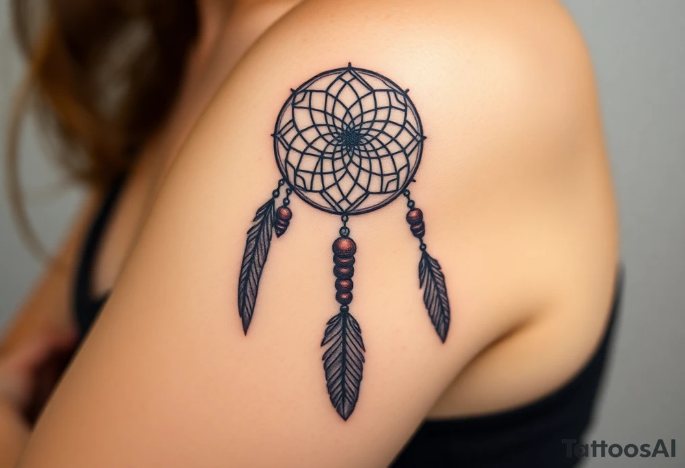native dreamcatcher with flowing feathers and sacred beads tattoo idea