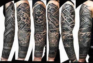 From left shoulder to forearm sleeve tattoo. Fine line geometric, concept design tattoo, ocean thunder fire , geometric and surrounds a previous tattoo of a watch on the tricep to biscep tattoo idea