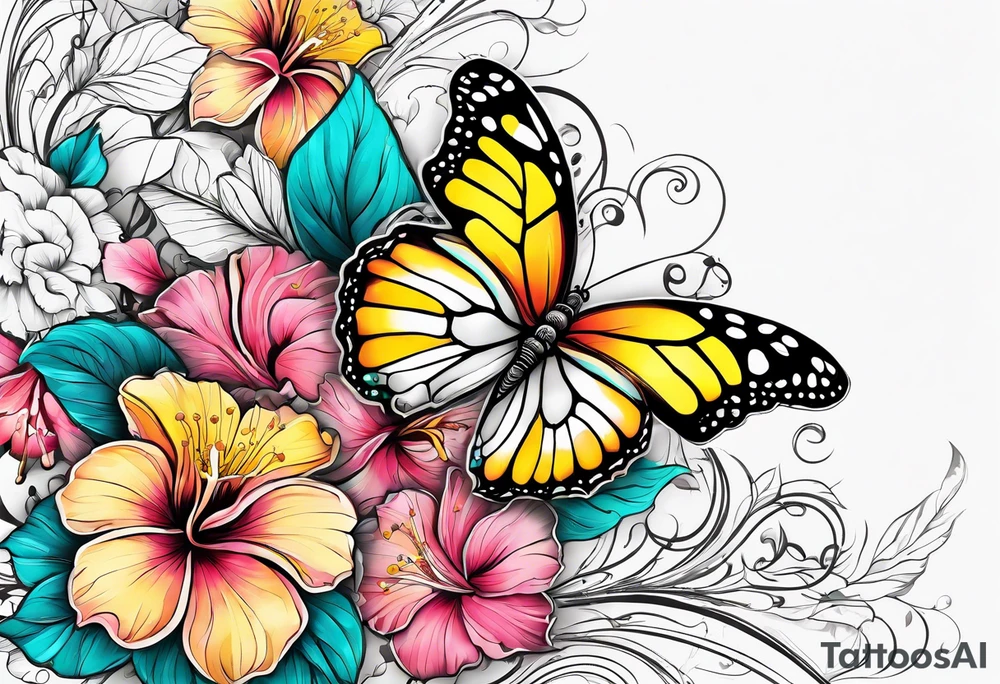 Half butterfly, half flowers, hibiscus, roses, yellow, teal, pink tattoo idea