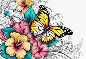 Half butterfly, half flowers, hibiscus, roses, yellow, teal, pink tattoo idea