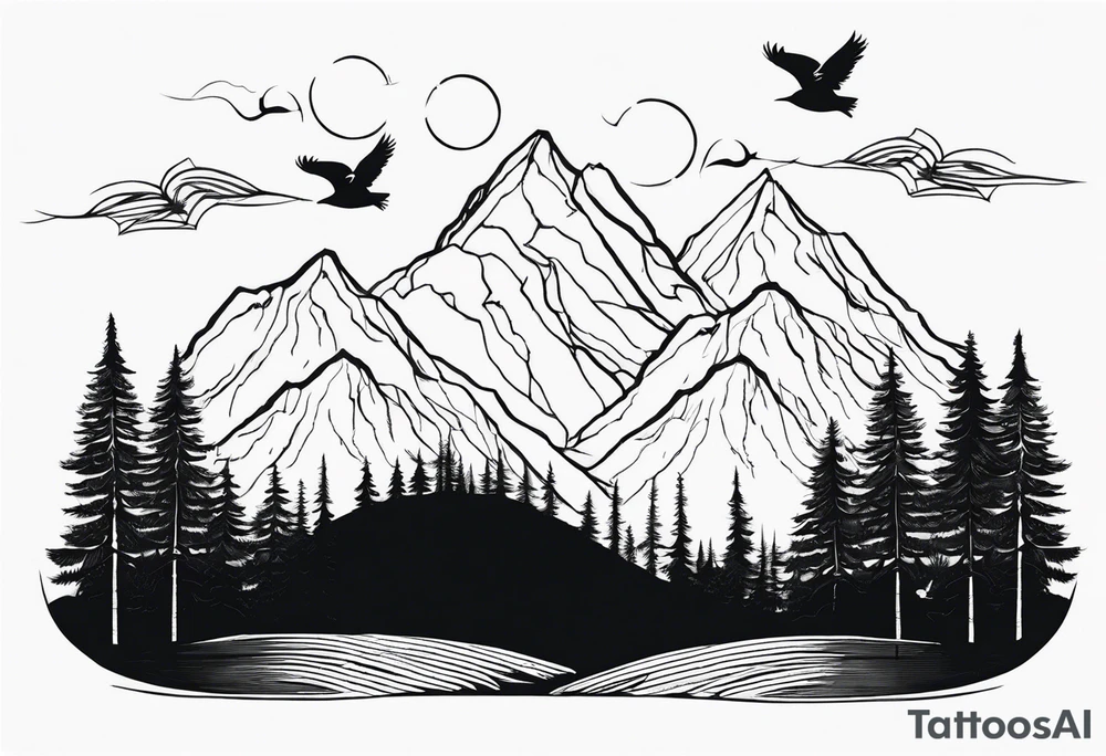 A mountain scape with trees. 5 silhouettes of birds.  All black tattoo idea